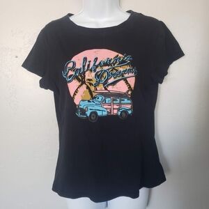 Shein Medium Black Short Sleeve Graphic Tee Shirt California Dream Surf Pink Top